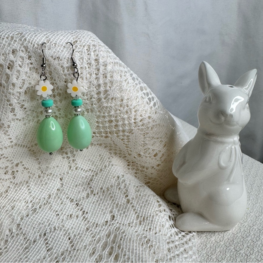 Handmade Mint Green Easter Egg Daisy Dangle Earrings 2.5” | Spring Jewelry - Picture 5 of 7